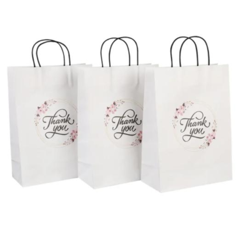 ขายส่งขนาดที่กำหนดเองโลโก้แฟนซีขอบคุณ White Kraft Paper Bag พิเศษวันแต่งงานถุงของขวัญส่วนตัวพร้อมที่จับ